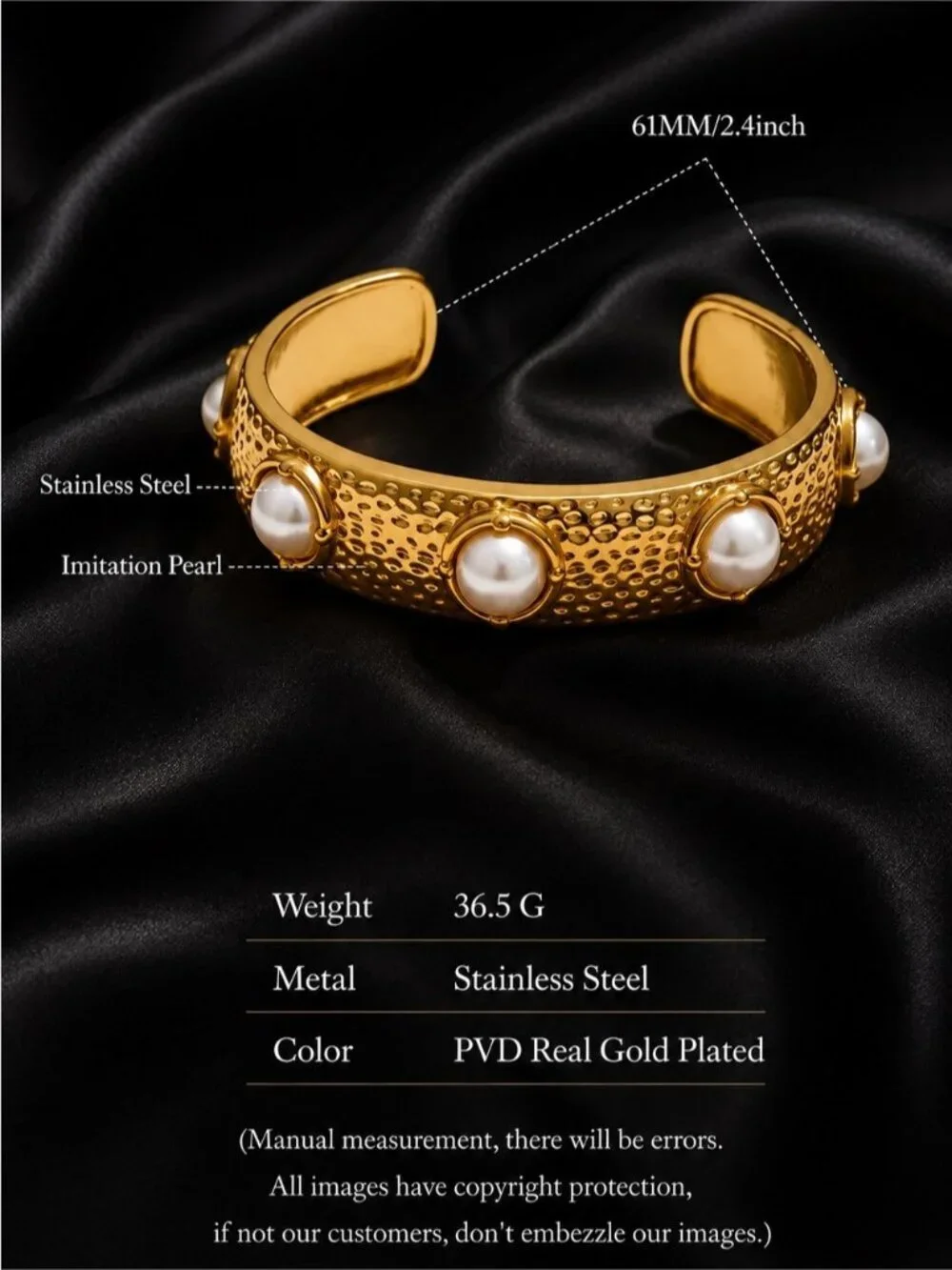 Gold plated Pearl-Accent Hammered Cuff Bracelet